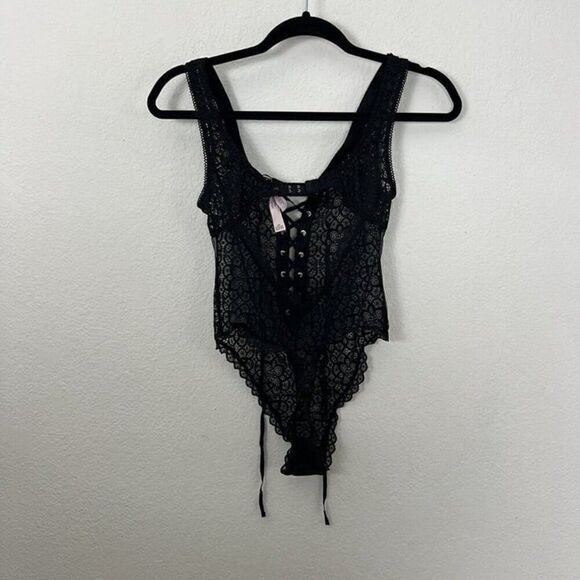 Victorias Secret Dream Angels Sheer Black Lace Up Thong Teddy Bodysuit Small - Picture 4 of 12